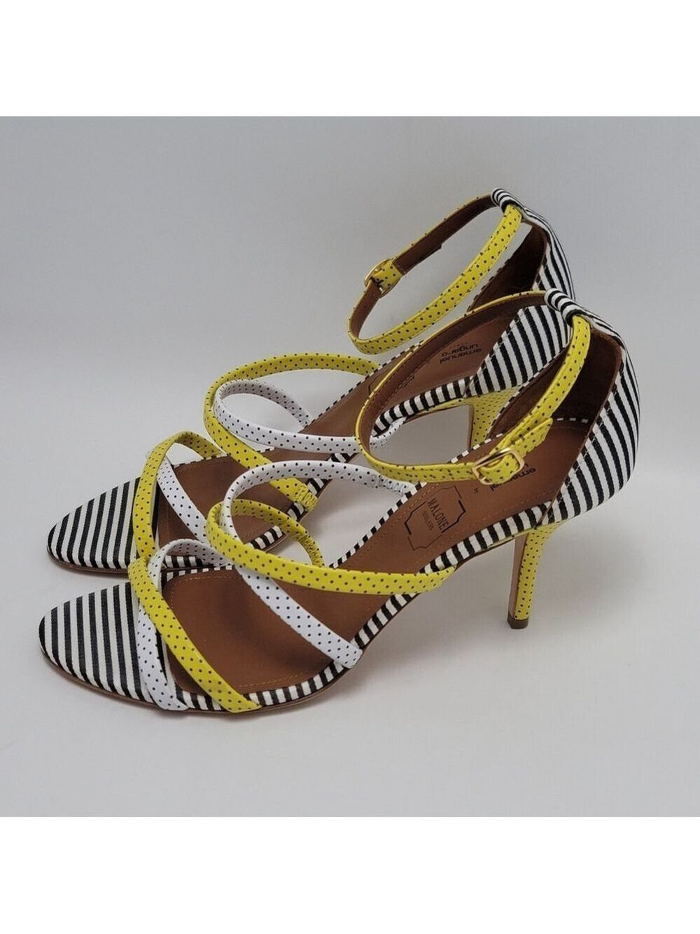 By Malone Souliers Strappy Yellow White Polka Dots Ankle Strap Heels Size EU 38